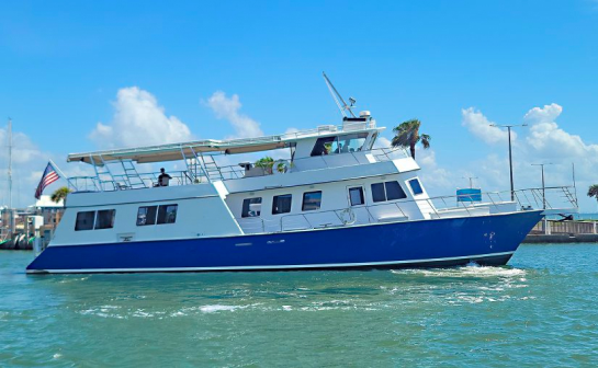 Texas Tease tour boat cruises on clear waters under a sunny blue sky with palm trees in the background
